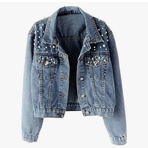 Pretty Robes Women's Jean Jacket Embelished Rivet Pearl Short Denim Jacket, L